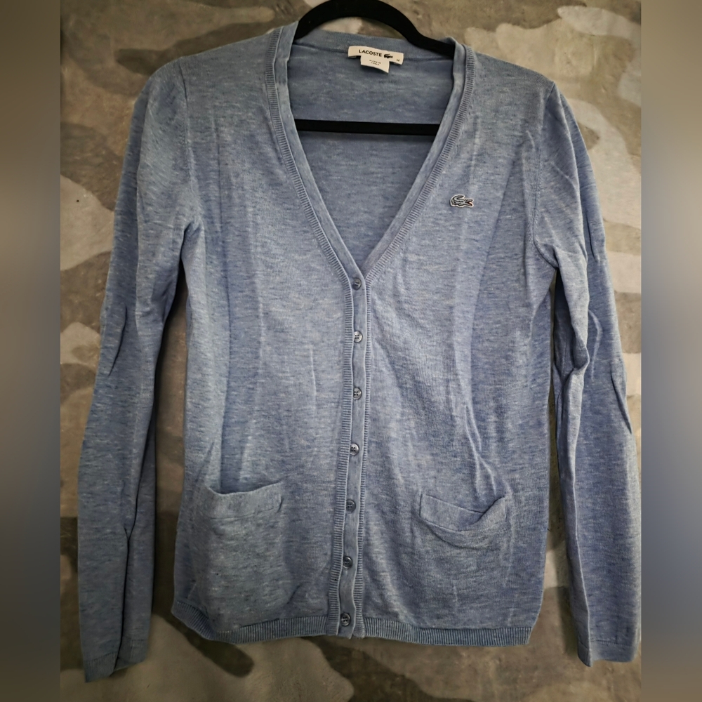 Lacoste Women’s Light Blue V-Neck Cotton Cardigan Tenniscore - Size 34 (XS/S) - Picture 2 of 4
